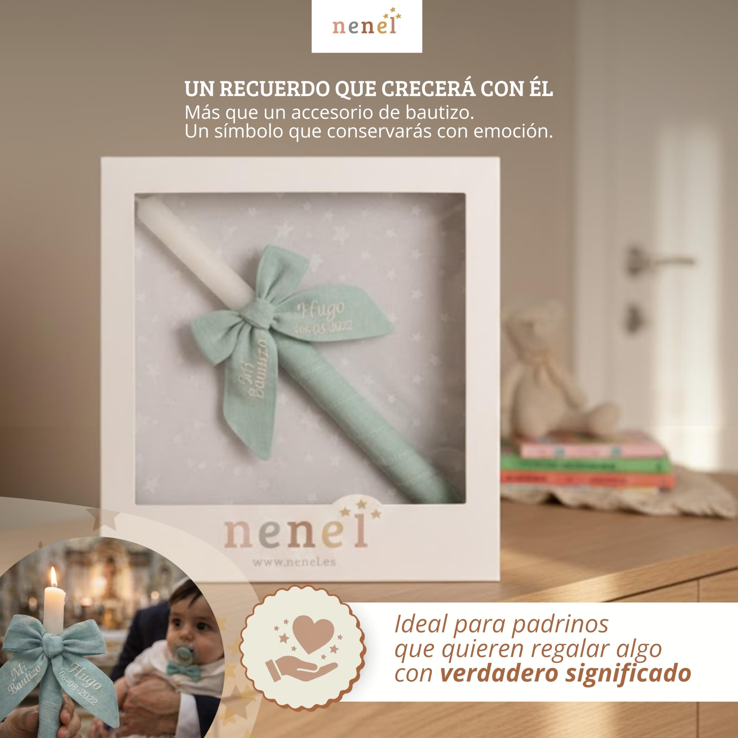 Vela para Bautizo personalizada - Vela Bautismal Personalizable con nombre y fecha – Cirio sacramental decorado - Cirio de Bautizo - Modelo Bambula – Nenel (Verde Menta)