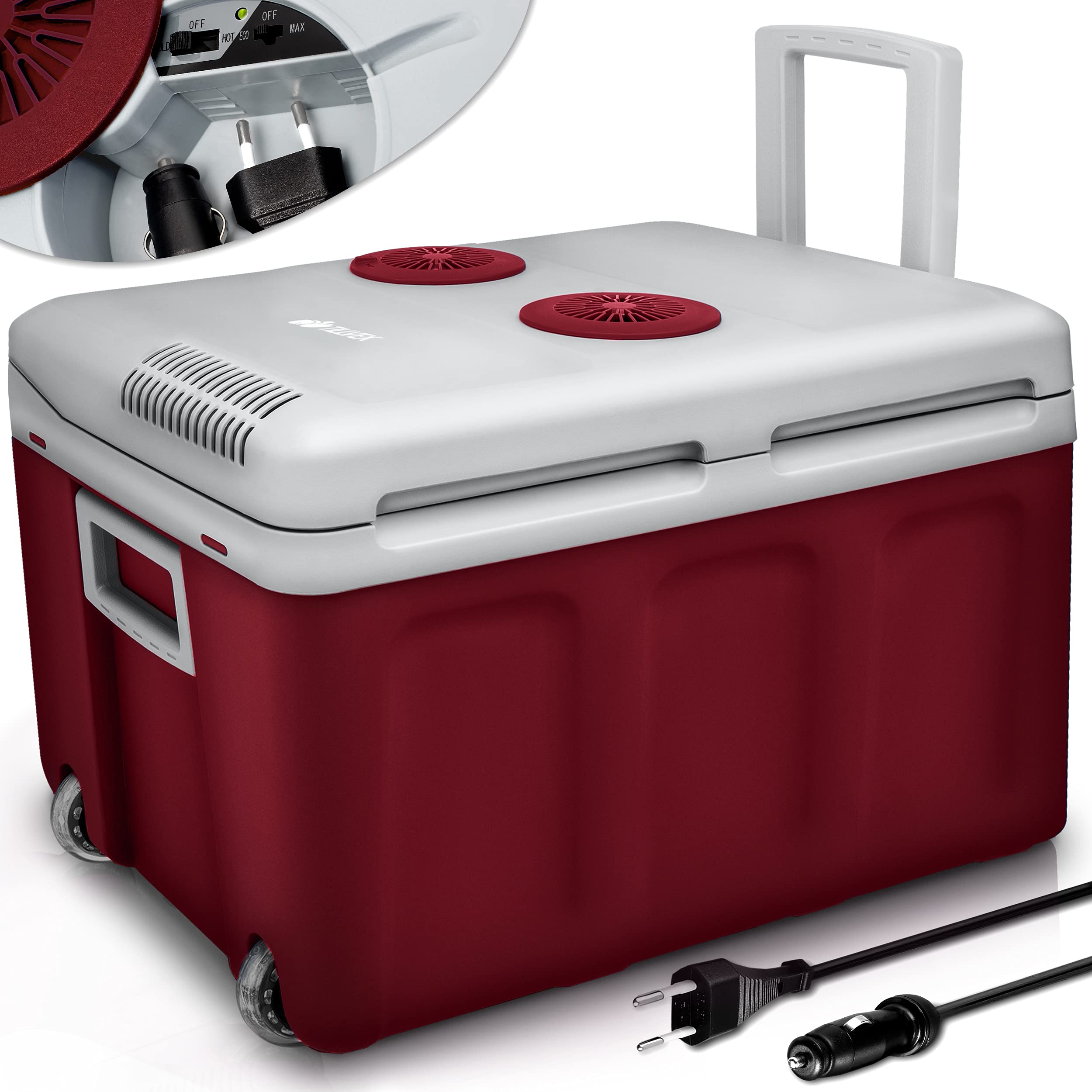 tillvex Elektryczna lodówka turystyczna 40 l na kółkach, mini lodówka 230 V i 12 V, do samochodu, na kemping, chłodzi i ogrzewa, tryb ECO (czerwony)