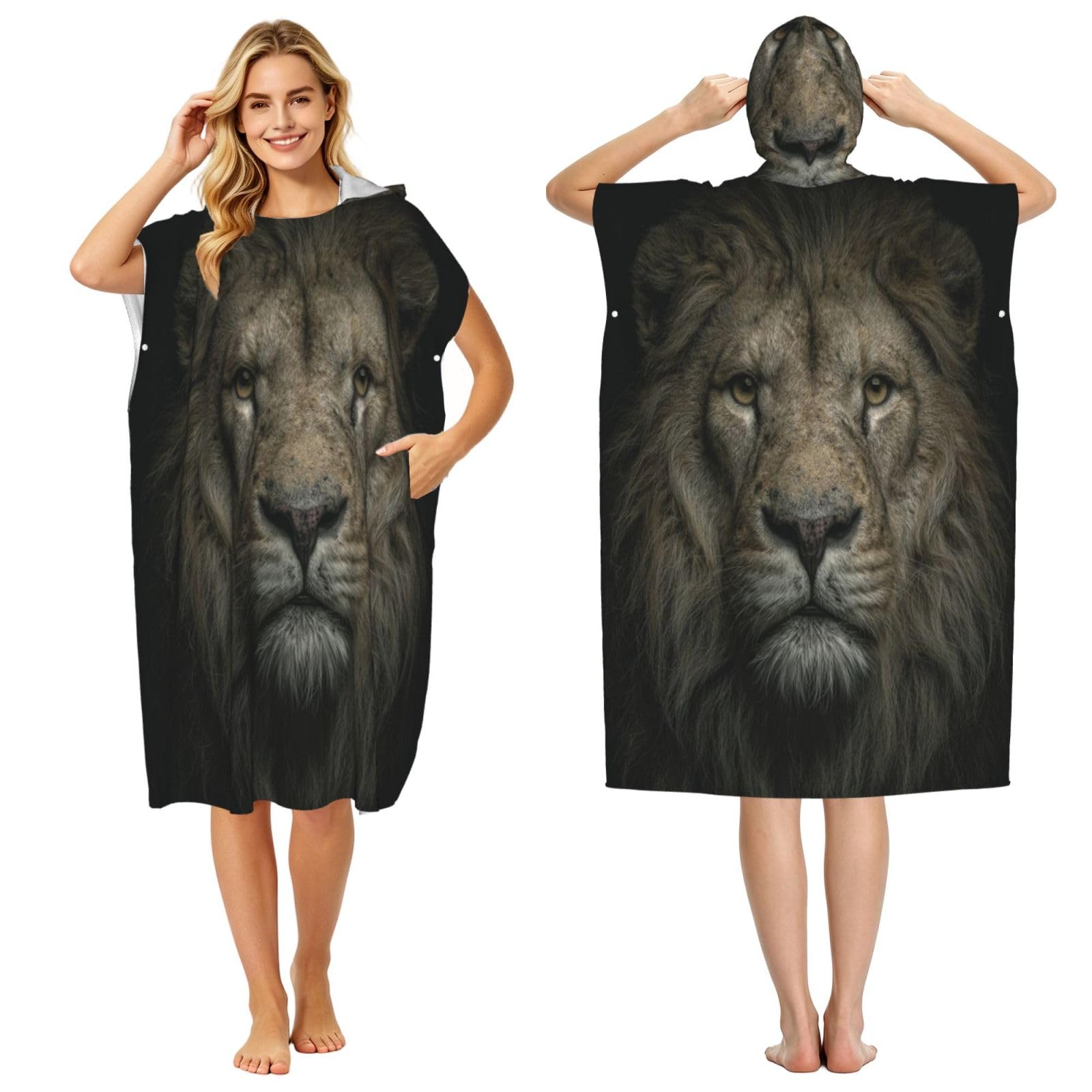 KLGRTJHK The Longing Of A Lion Adult Hooded Beach Poncho Towel 43"X35"