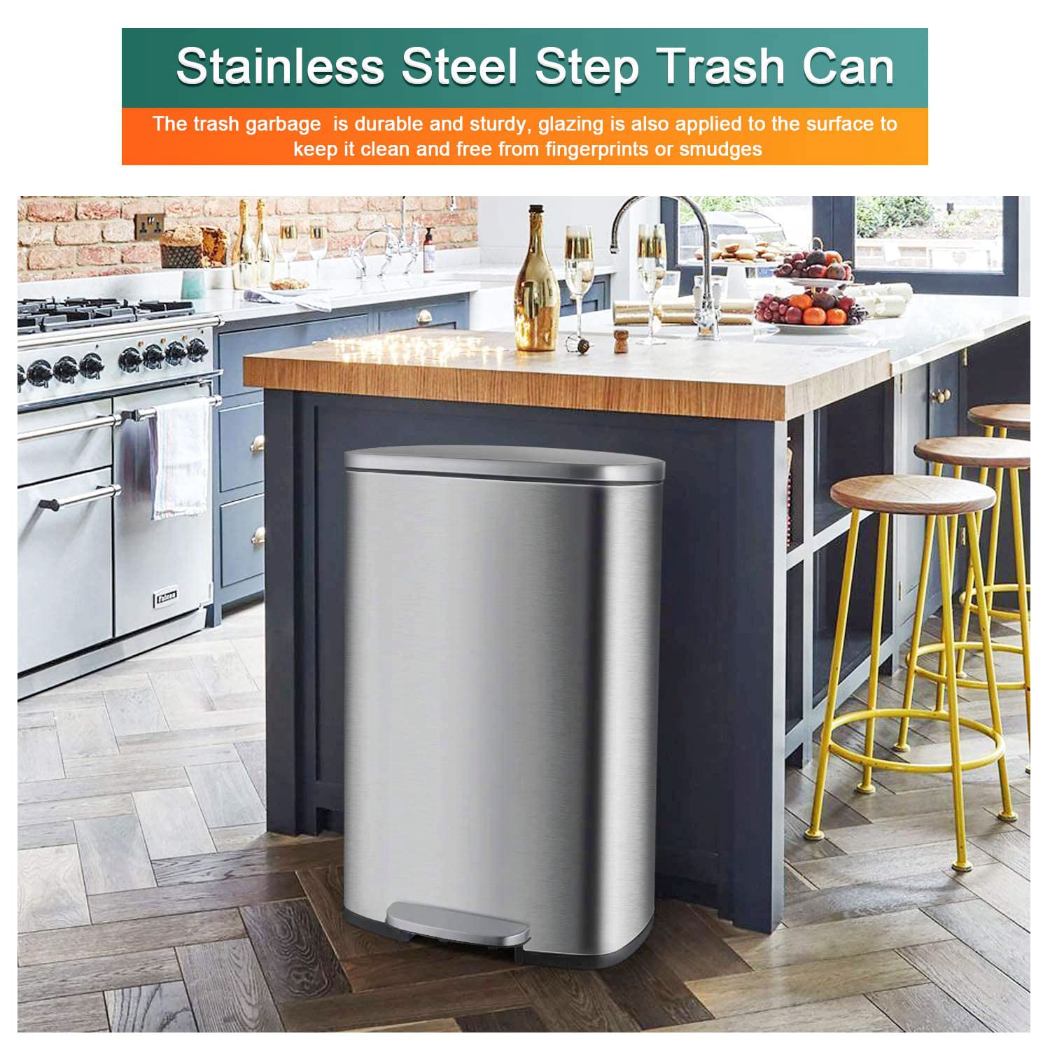 13.2 Gallon Kitchen Trash Can Fingerprint Proof Stainless Steel Garbage Can with Removable Plastic Inner Bucket & Metal Pedal,Step Trash Can Recycle Rubbish Bin for Kitchen Bathroom Bedroom