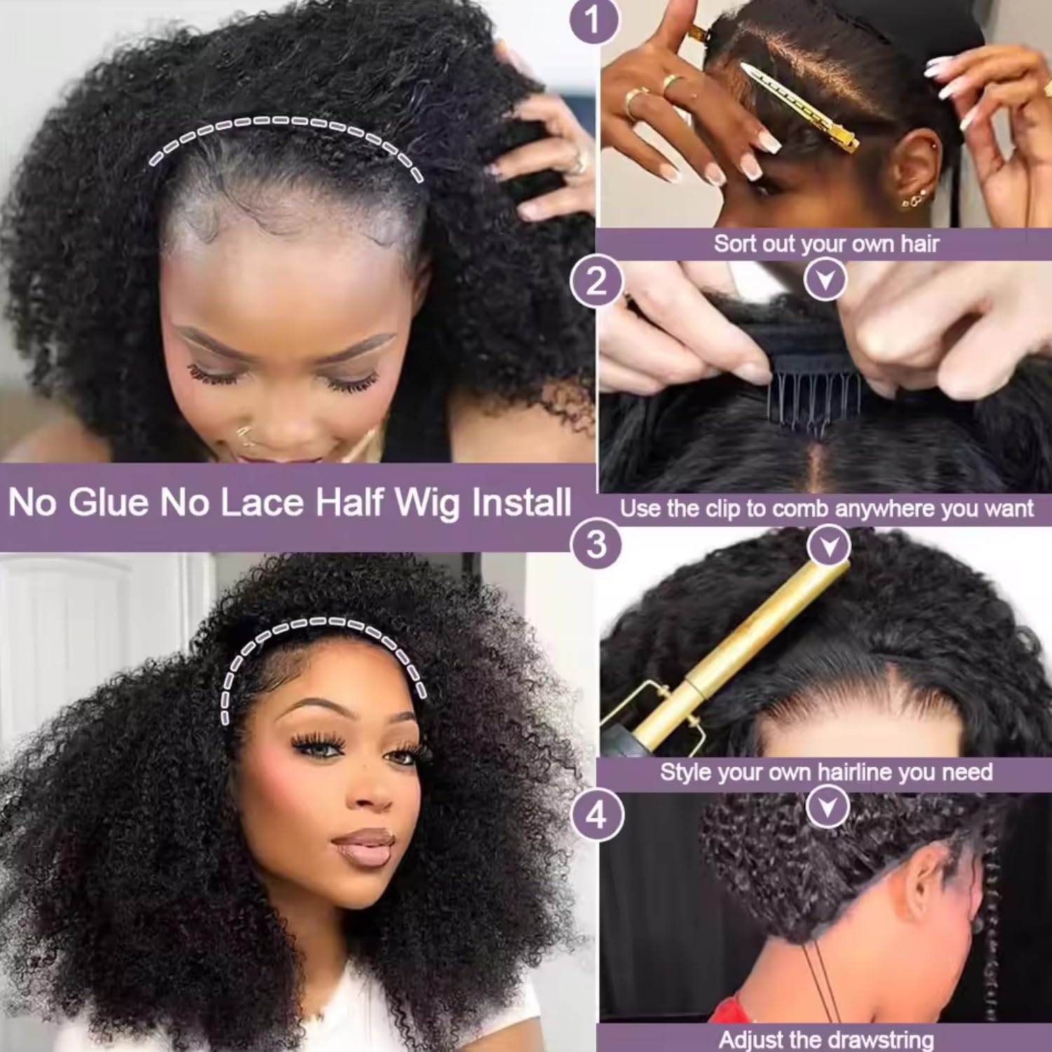 VIPbeauty Kinky Curly Half Wig Human Hair 200 Density Wear Go Glueless Wigs Human Hair Beginner Friendl3 In 1 Seamless Flip Over Afro Kinky Curly Wigs Burmese Curly Half Wig Human Hair 12 Inch