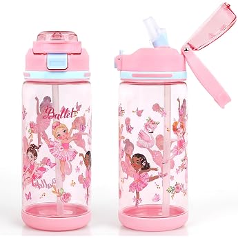decalsweet Children's Drinking Bottle 600 ml Children's Drinking Bottle with Straw Sports Water Bottle for Nursery School Leak-Proof Children's Water Bottle for Girls and Boys Ballet Princess