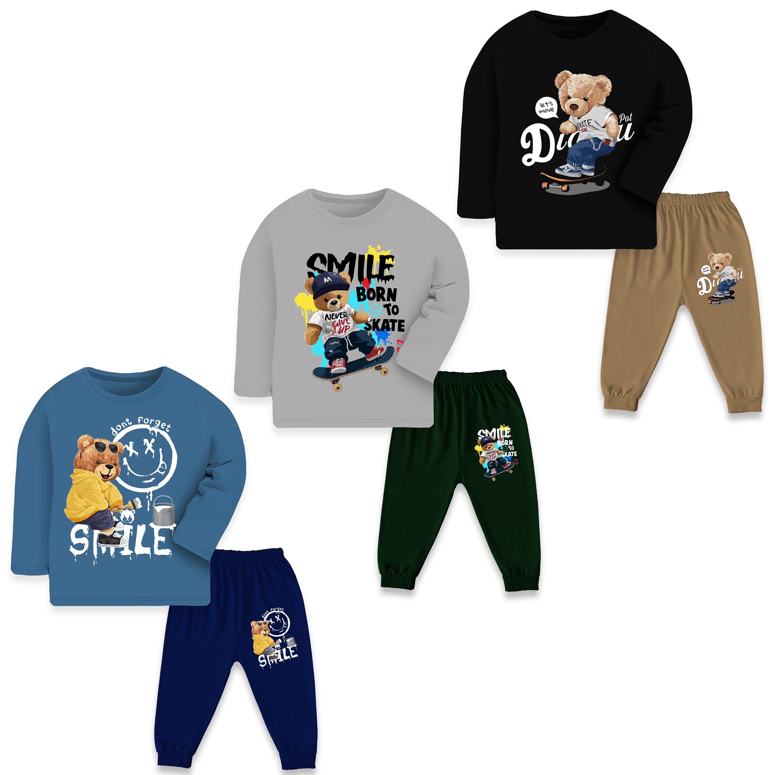 Toddler Boys & Girls Cotton Printed T-shirt Pyjama Clothing Set – Full Sleeve Top and Jogger Pants (Set of 3)-image-2