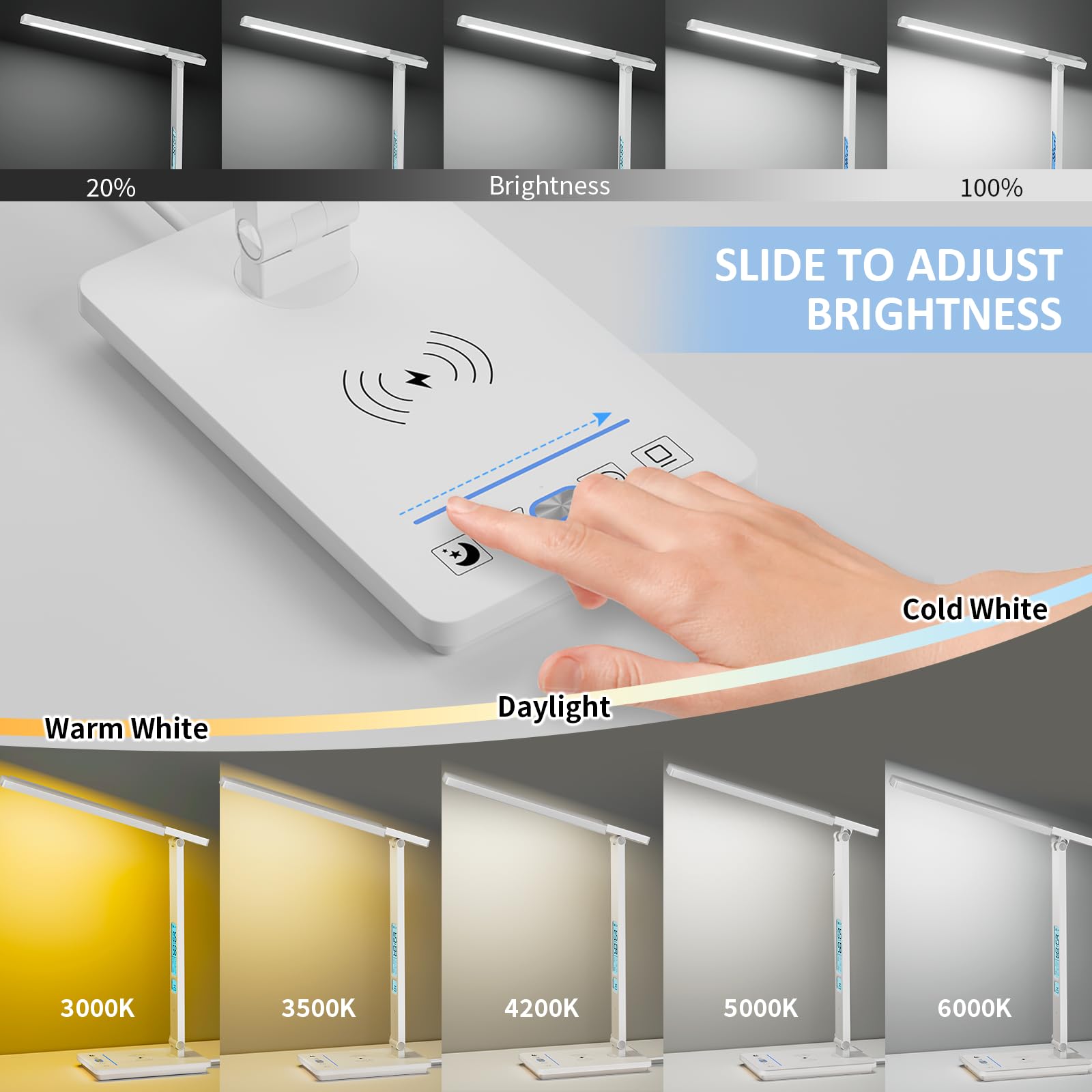 Lampada da Scrivania LED Tavolo Touch Control 3 Modalità 5 Livelli Luminosità Wireless USB Ricaricabile Telefono Luce Lettura Cameretta Ufficio LCD Calendario Temperatura Sveglia (5 Colore Bianca)