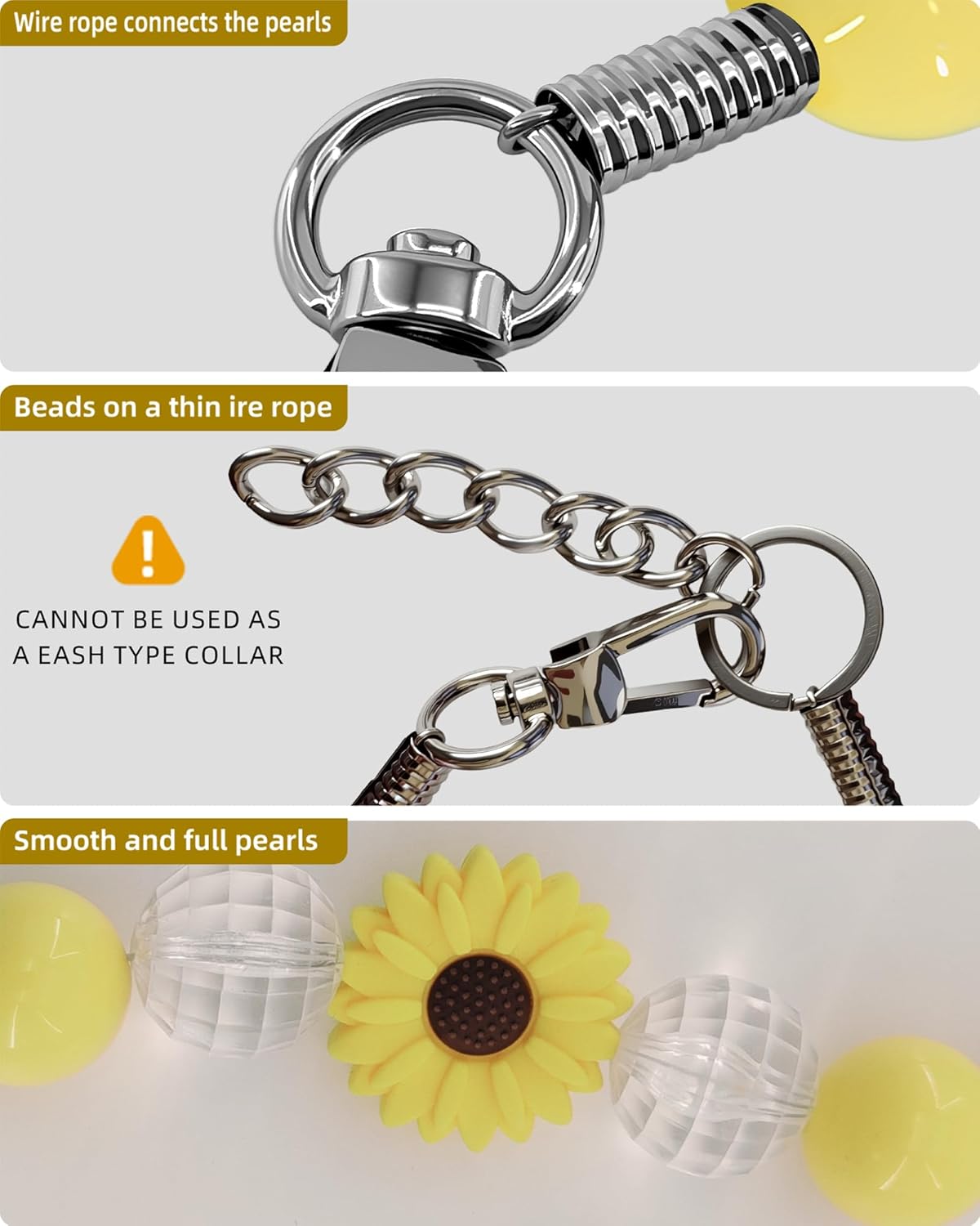 Hosiwei Yellow Daisy Handmade Chunky Pearl Dog Collar Necklace (Beads 20 mm) with Strong Stainless Steel Wire, Adjustable Fashion Collar Accessories for Dogs | Gift for Dog Moms (19" – 21", Daisy)
