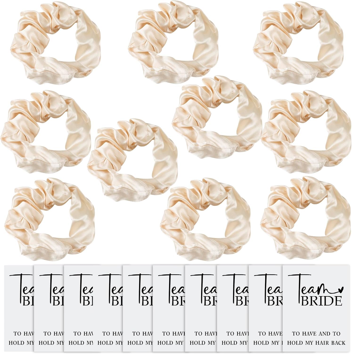 TRIXES 10PK Team Bride Satin Scrunchies - Hen Do Party Accessories - Bride to Be Party Favours, Beige, 10 count (Pack of 1)