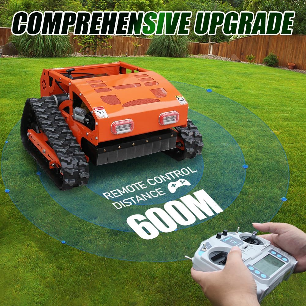 Remote Control Track Lawn Mower 9HP Gas Engine, 600m Range, 21.6" Cutting Width, Adjustable Height RC Robotic Lawn Mower for Slopes, Orchards & Commercial Landscaping (MP-M550-Orange)