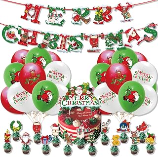 Christmas Party Supplies, TONGQI 48 PCS Merry Christmas Decorations Sets with Banner, Balloons, Cake Cupcake Toppers for Party Decor