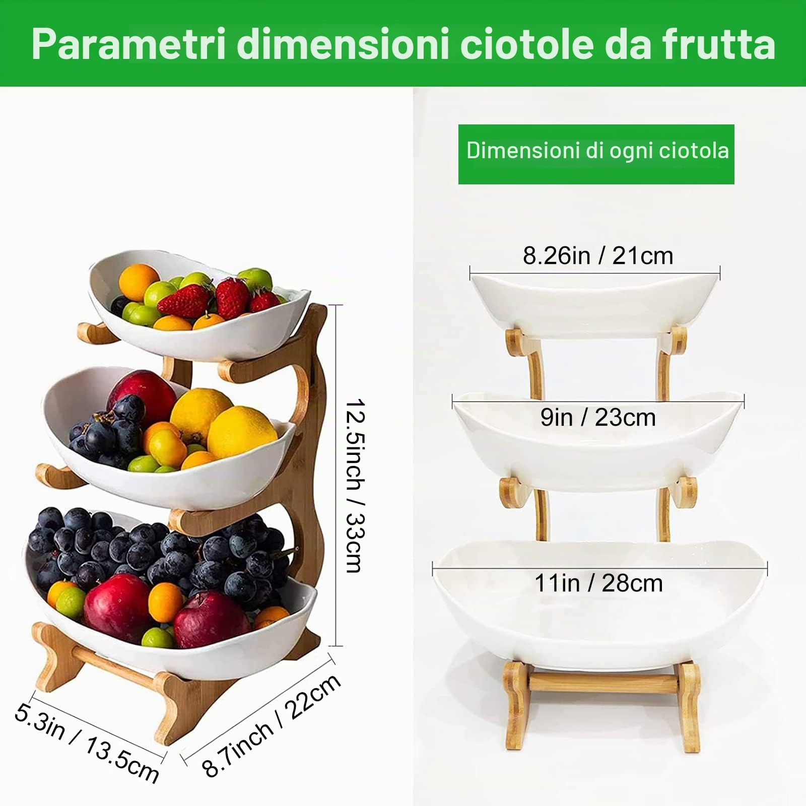Fruttiera 3 Ripiani in Ceramica Bianco, Portafrutta a Ripiani in Legno Naturale, Cestino di Frutta in Ceramica, Cesta Portafrutta per Frutta e Verdura, Soggiorno e Ristorante