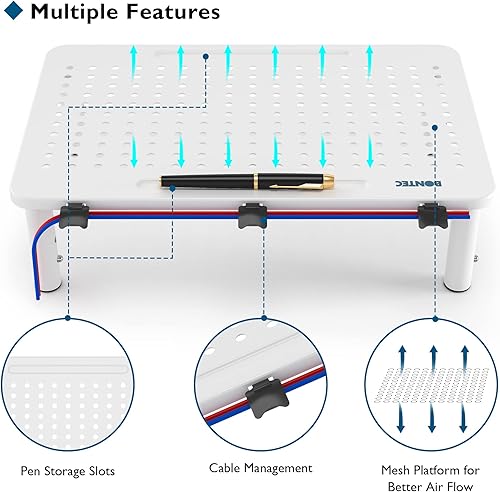 Miniatura 4 de BONTEC Paquete de 2 soportes elevadores de monitor de 3 alturas ajustables con soporte para bolígrafo, soporte ergonómico de metal para computadora