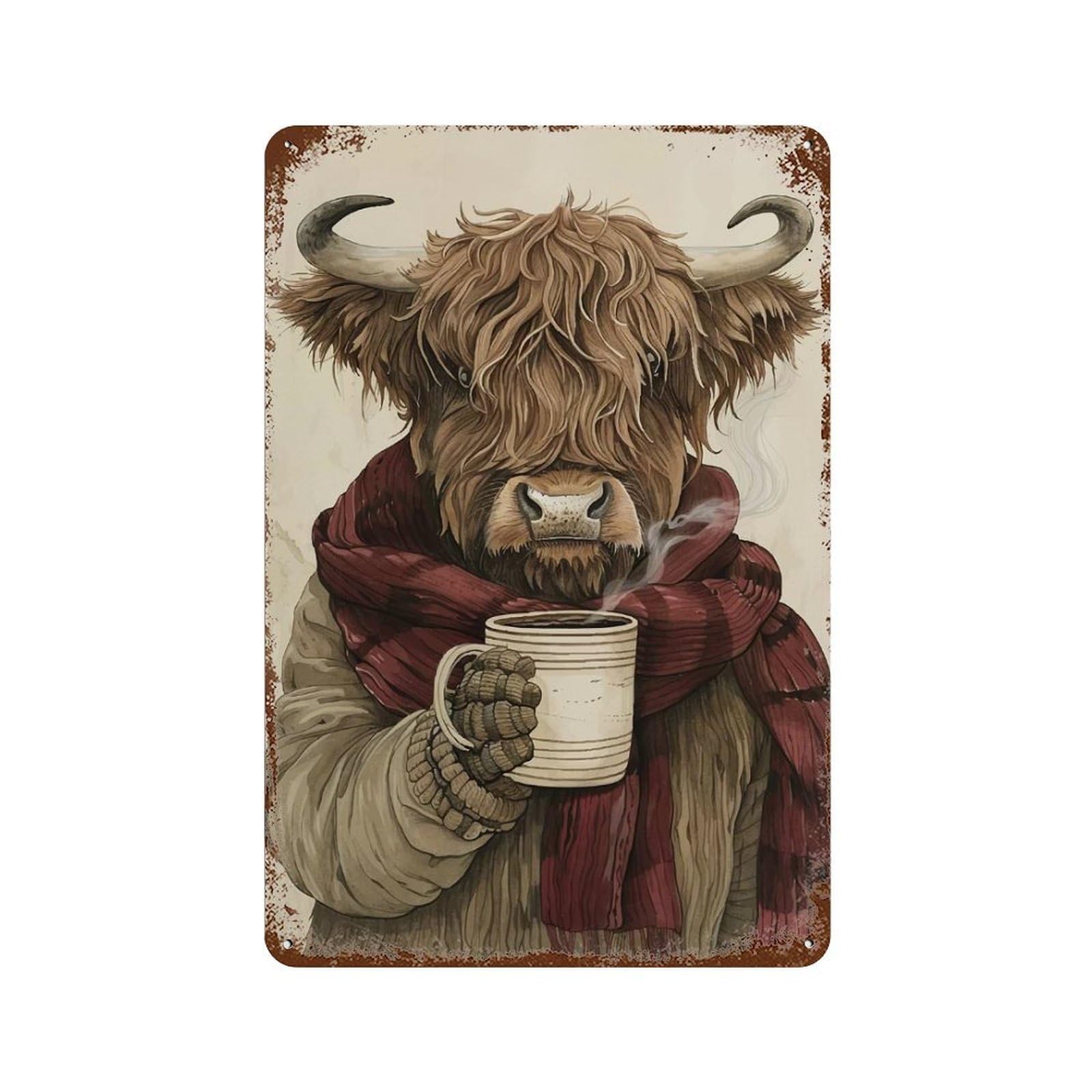 Anthropomorphic Highland Cow with Coffee Decorative Tin Sign 11.8"x7.9", Vintage Wall Decor for Basement, Hobby Room And Garage Decor