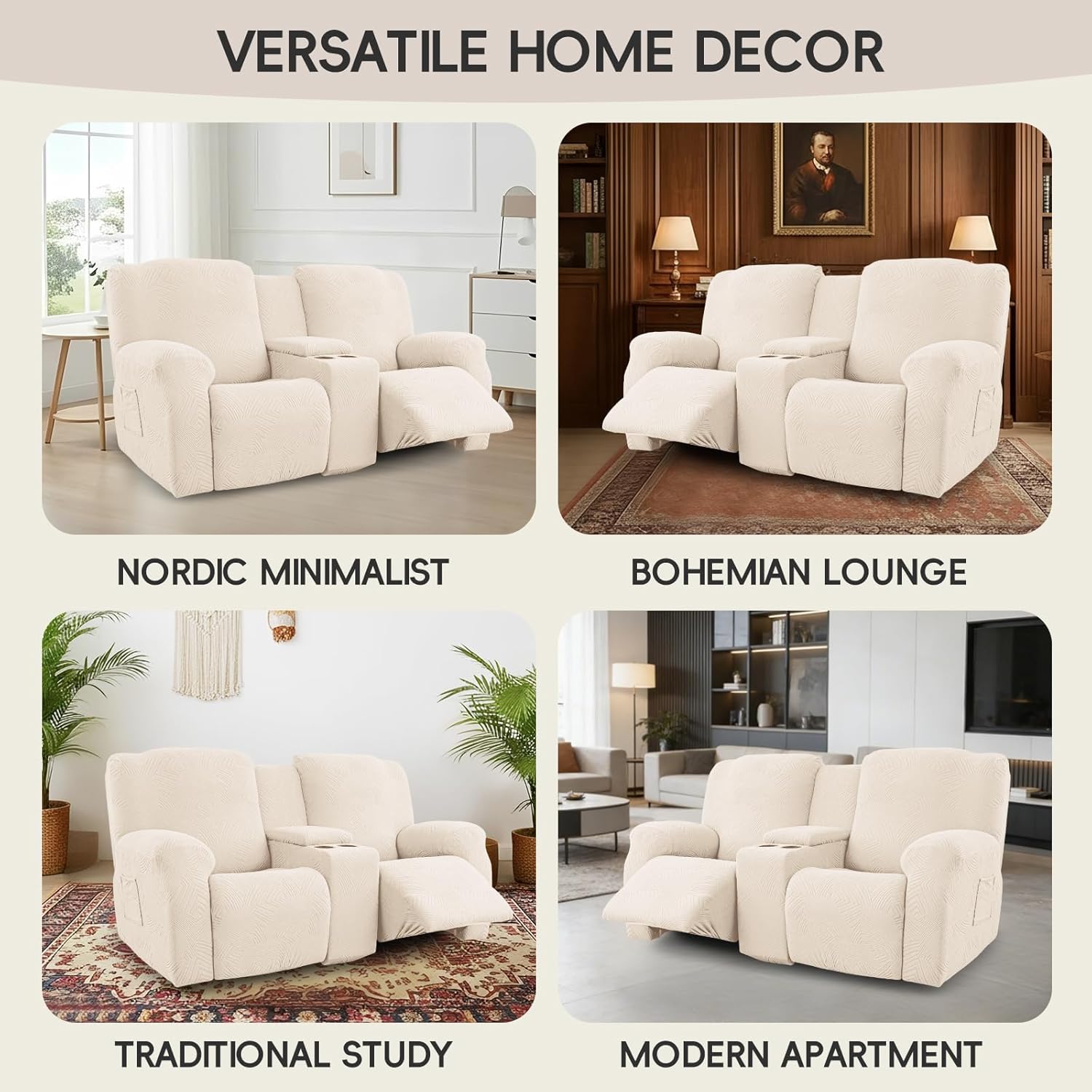 Recliner Loveseat Covers with Console,6-Piece Stretch Geometric Strokes Jacquard Reclining Chair Slipcovers,Seamless Furniture Protector,Soft Breathable Couch Cover for Pets Kids,Beige