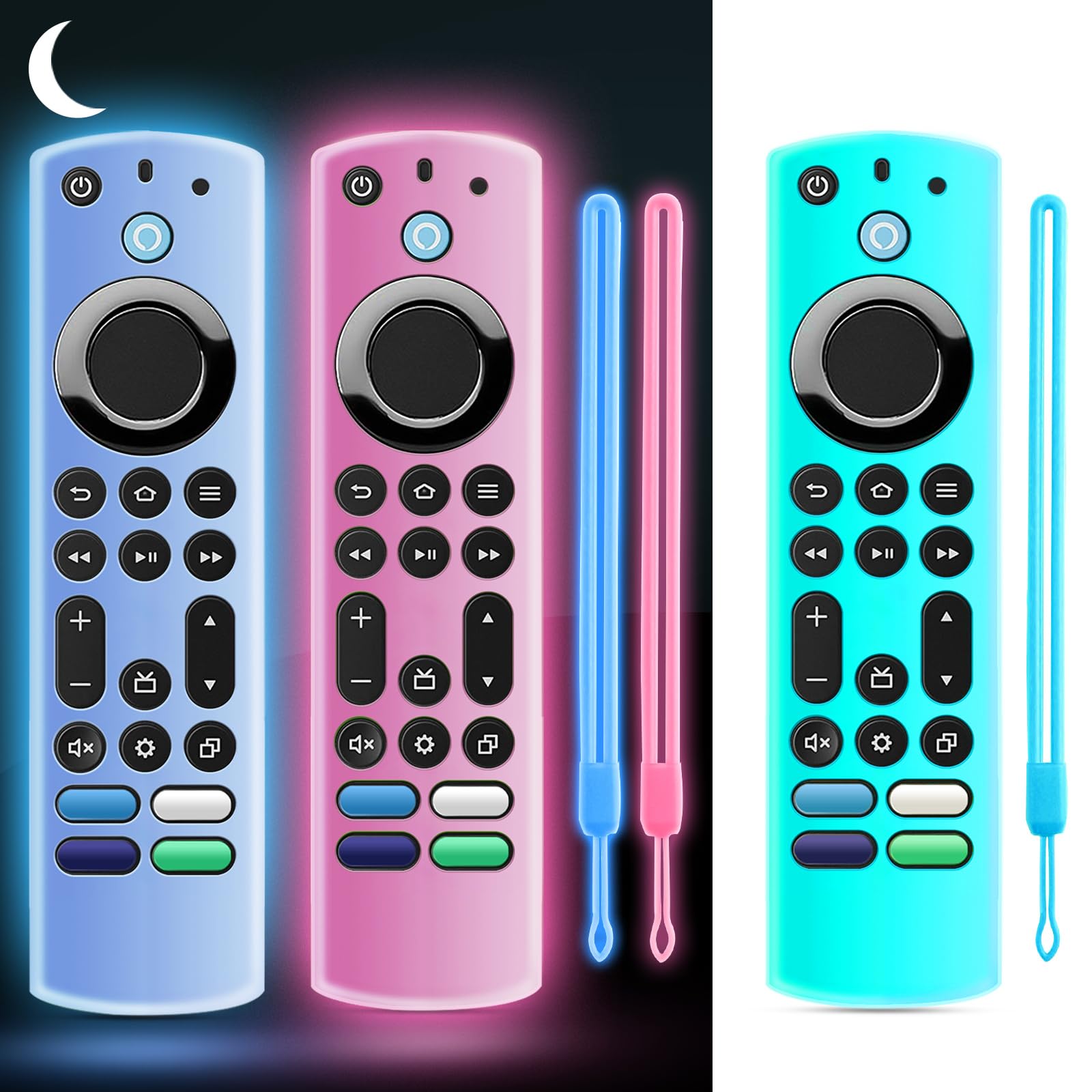 Photo 1 of (3 Pack) ONEBOM Silicone TV Remote Cover, (6.2 Inch*1.5 Inch) Glow in The Dark, Anti Slip Silicone Protective Case with Colored Lanyard(Glow Blue&Glow Pink&Sky Blue)