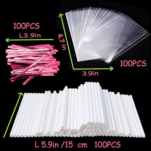 Miniatura 2 de FUATOR 300 Pcs Cake Pop Sticks Set, 100Pcs 6 inch Lollipop Sticks, 100Pcs Cake Pop Bags, 100Pcs Colorful Twist Ties, for DIY Lollipops, Cake Pops,
