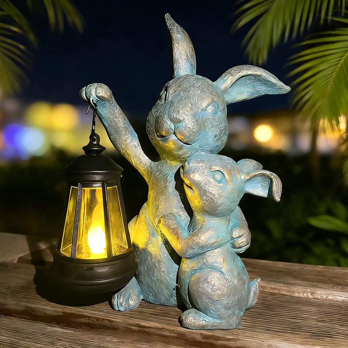 Solar Outdoor Statues Lantern Figurines Light Decorations for Garden Patio Balcony Yard Lawn, Ideal Gifts for Mom Friends (Bronze -Rabbit)