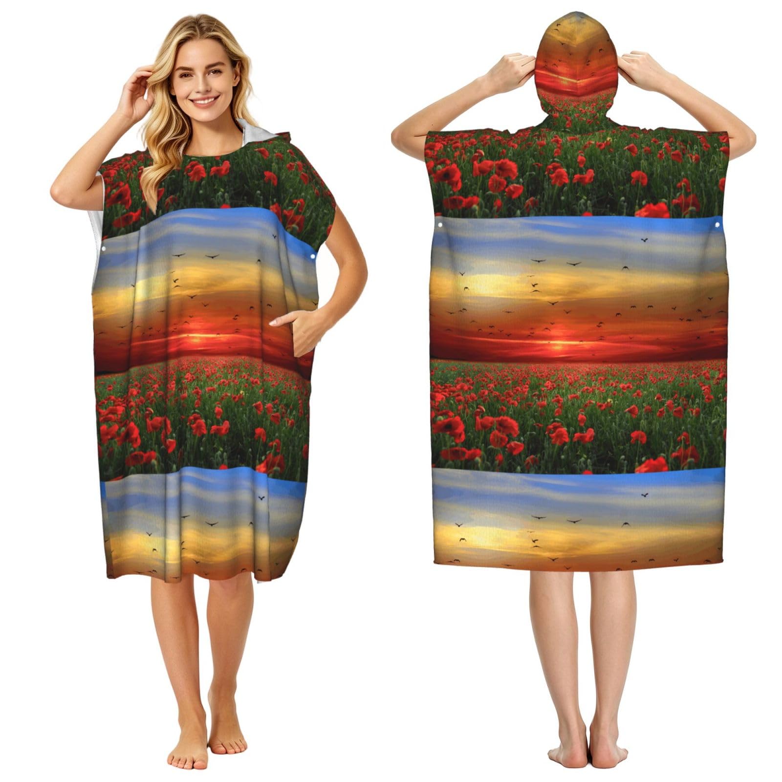 Poadnly Red Poppy Flower Field In Sunset Printed, Adult Hooded Beach Towel 90 x 110 cm,Changing Bath Robe, Surf Poncho Towel For Women Men