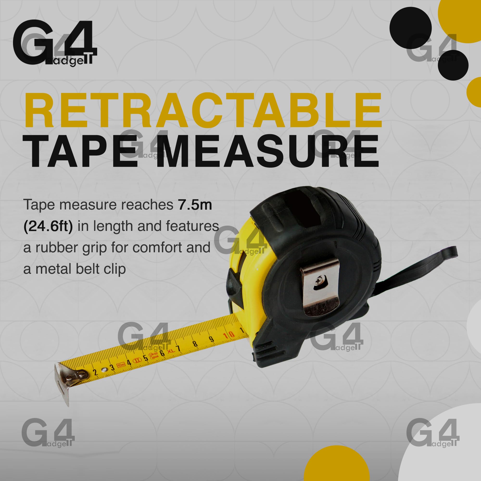 Mètre ruban rétractable, avec système de verrouillage Griplock, 5 m, noir et jaune