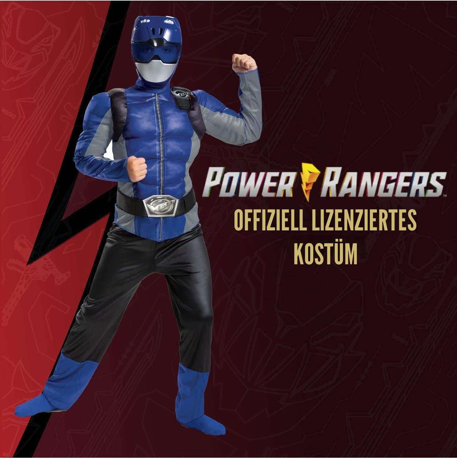Disguise Offizielles Power Rangers Kostüm Kinder Blau Muskelkostüm, Superhelden Kostüm für Kinder Junge Mädchen Power Ranger Faschingskostüm Karneval Geburtstag Costume Größ S