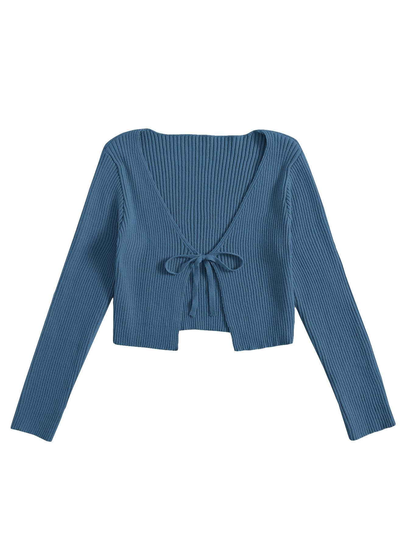 Floerns Women's Tie Front Long Sleeve Rib Knit Shrug Sweaters Cardigan Crop Top