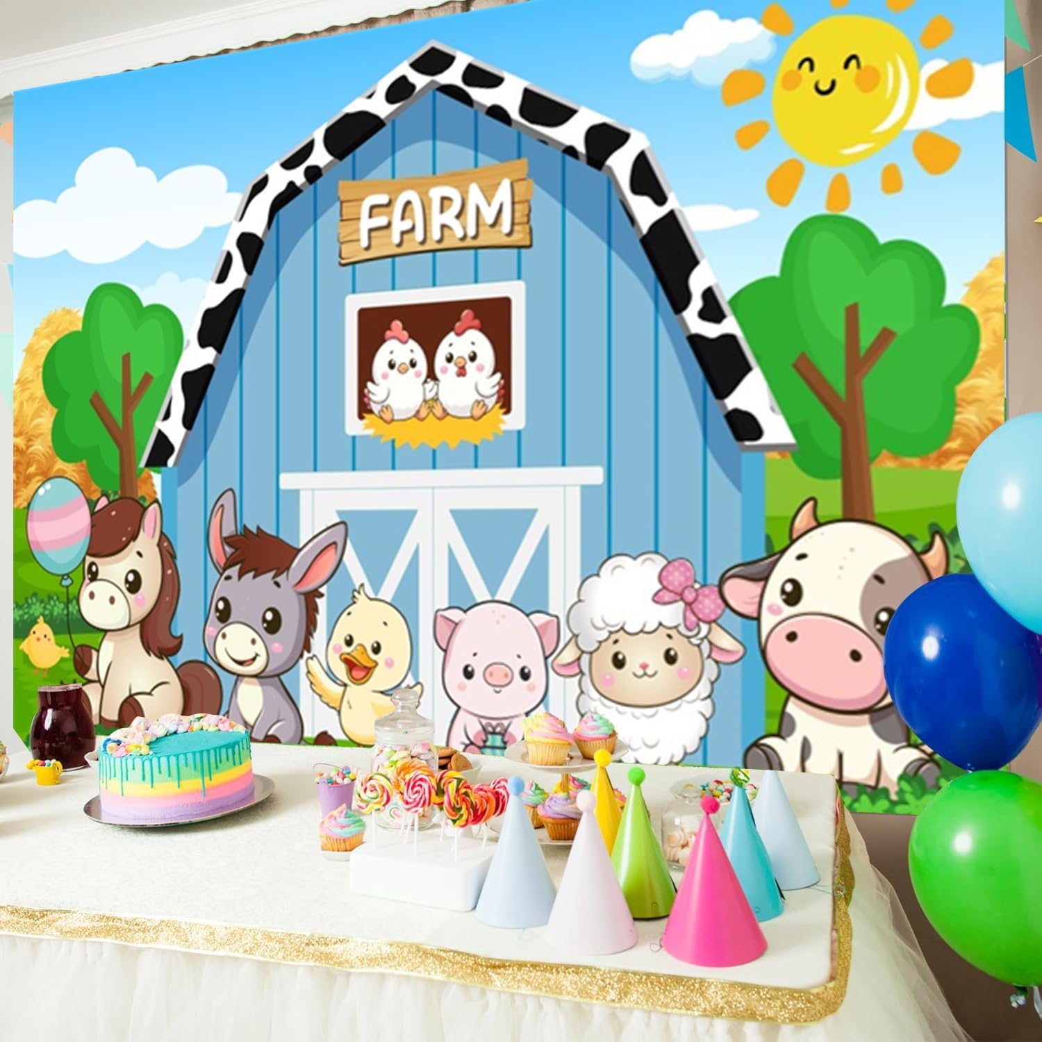 10x8ft Farm Barn Backdrop Farm Animal Birthday Decorations Rustic Blue Barn Door Backdrops for Photography Baby Shower Birthday Photo Background Kids Portrait Photoshoot Classroom Decor