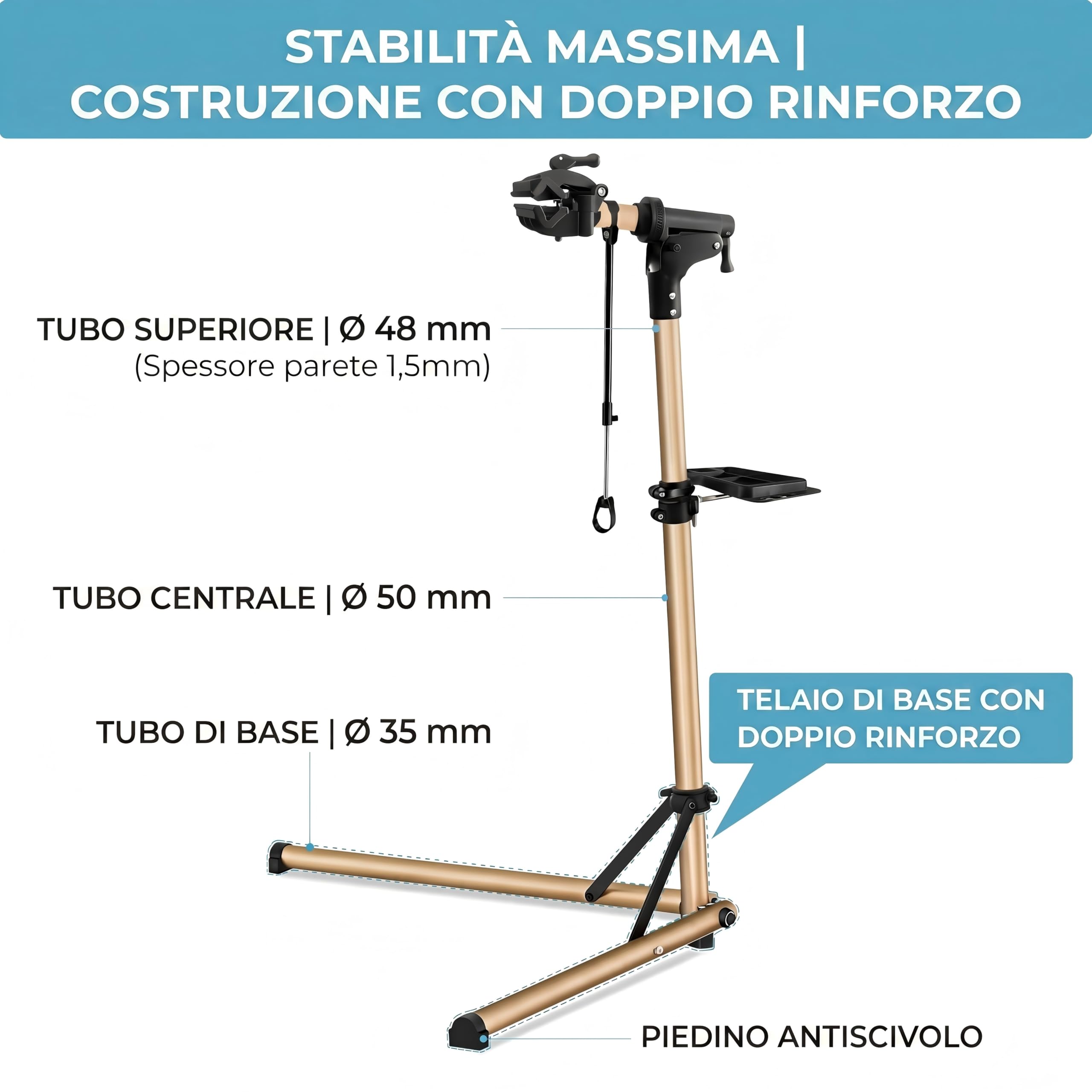 Cavalletto da Riparazione e Montaggio in Alluminio per Bici, Completamente Pieghevole, Doppio Blocco di Sicurezza, Compatto, Ultraleggero, Vassoio Magnetico per E-Bike/Mountain Bike