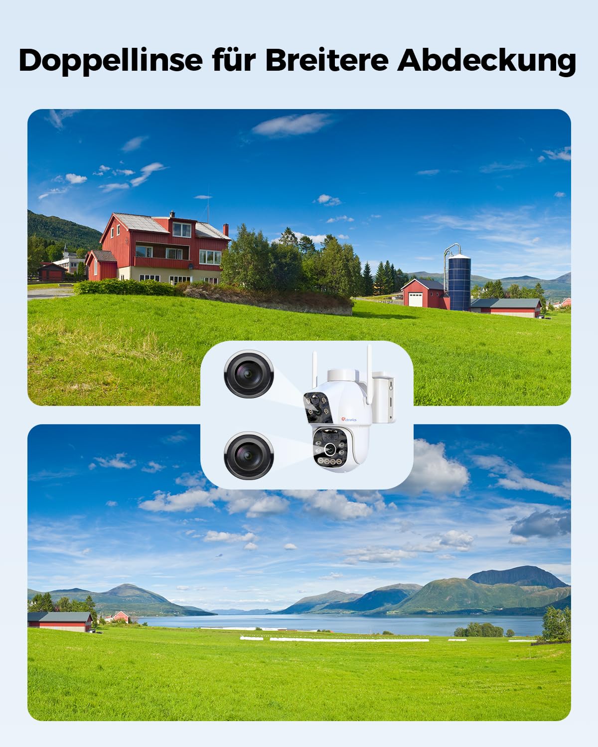 Ctronics Dual Objektiv Solar Überwachungskamera Außen - 2.4/5GHz WLAN, PTZ, 10400mAh Akku