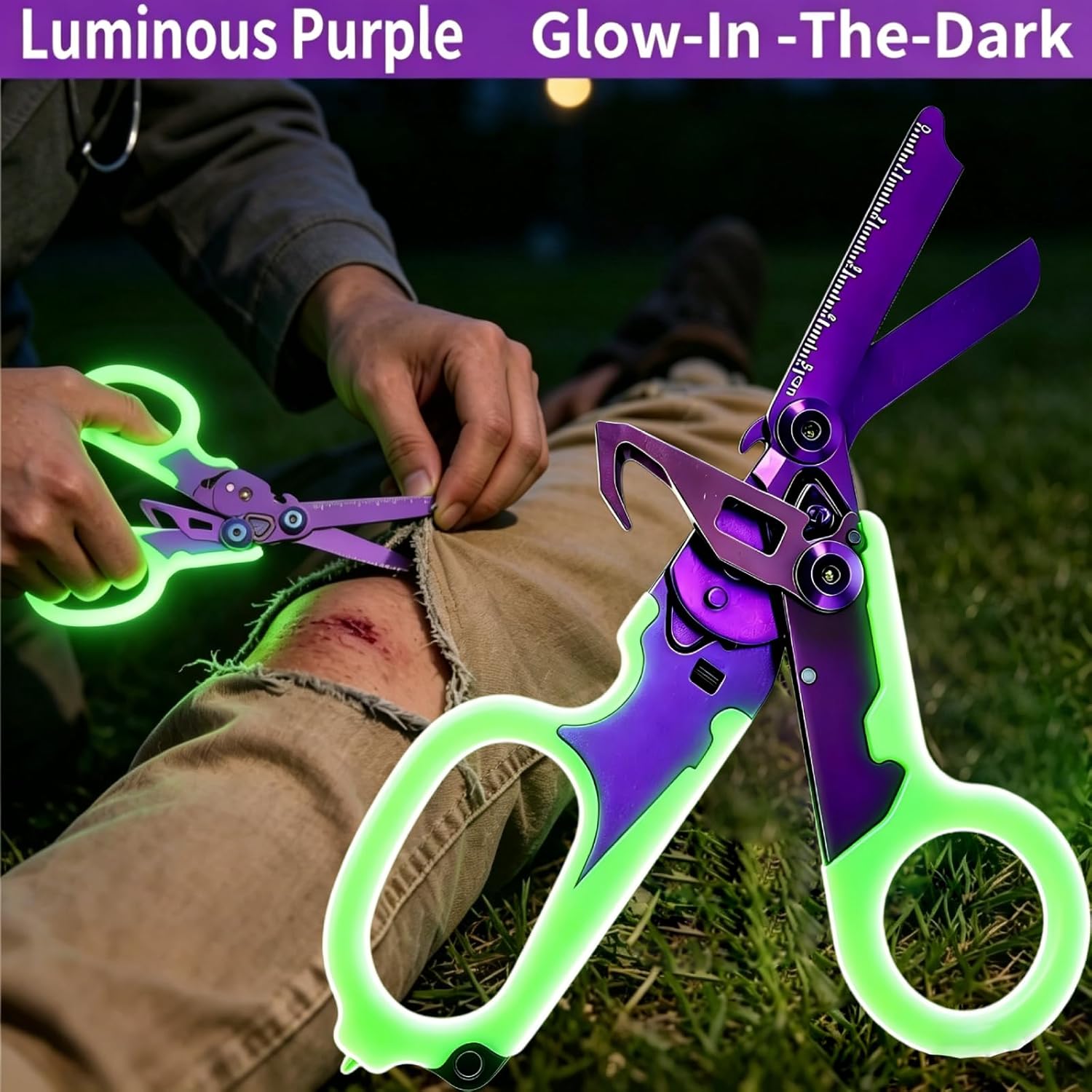 Leepenk 5PCS 6 in 1 Multi-function Trauma Shears with Strap Cutter and Glass Breaker, with Luminous Holster(Luminous Purple)