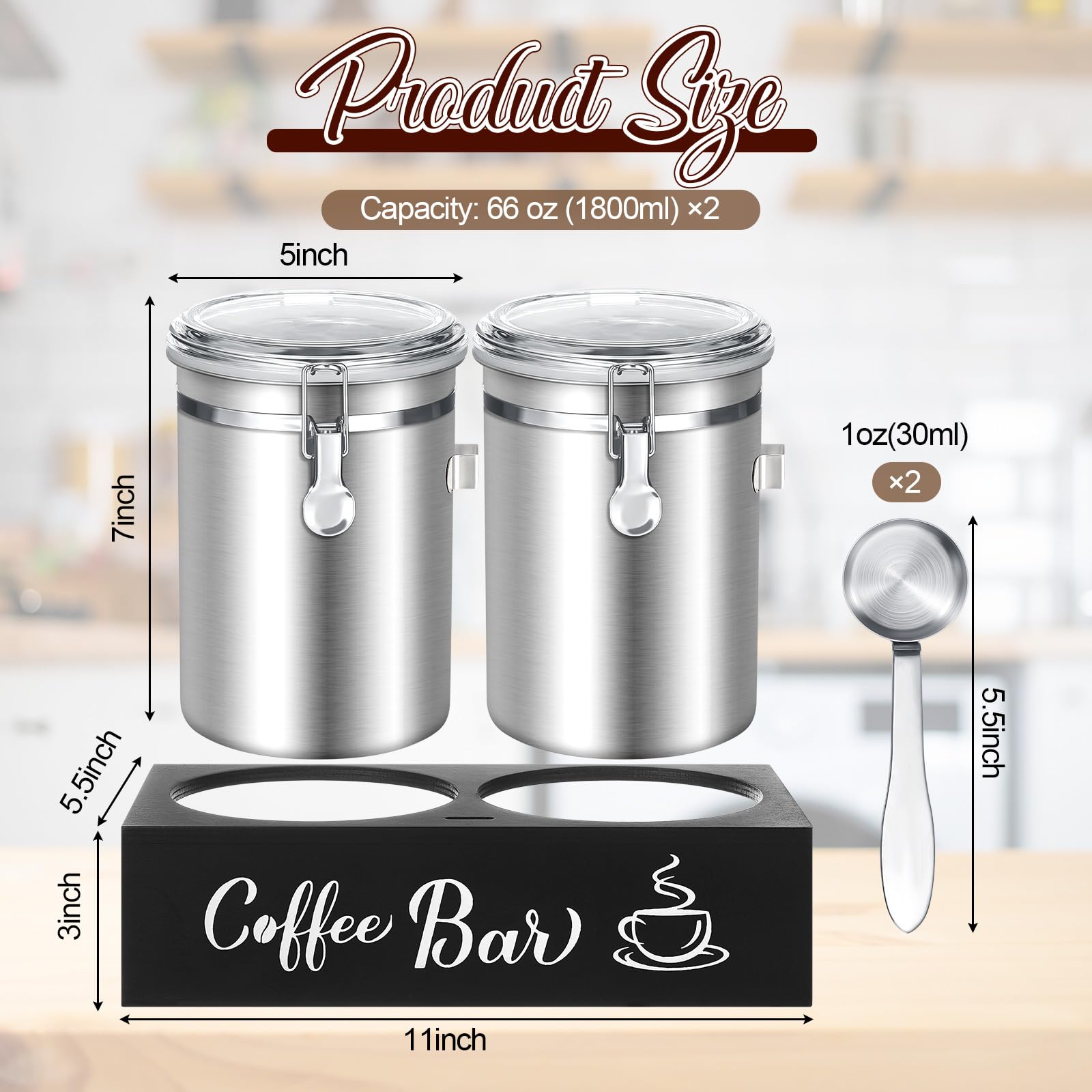 Maxcheck Kaffeedosen mit Ablage, 304 Edelstahl, Kaffeestation, Behälter für gemahlene Kaffeebohnen, mit luftdichter Verschlussklemme und Schaufel, Küchen-Lebensmittel-Vorratsdosen (Silber), 2 Stück
