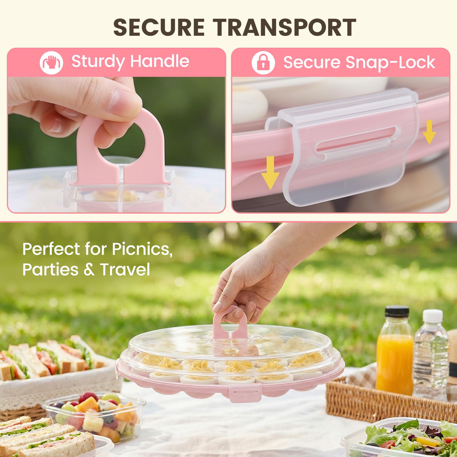 HANSGO Bandeja de huevos diablos, soporte redondo rosa para huevos con tapa, portador portátil para acampar, Pascua, señoras, cocina, refrigerador, 22 ranuras para huevos