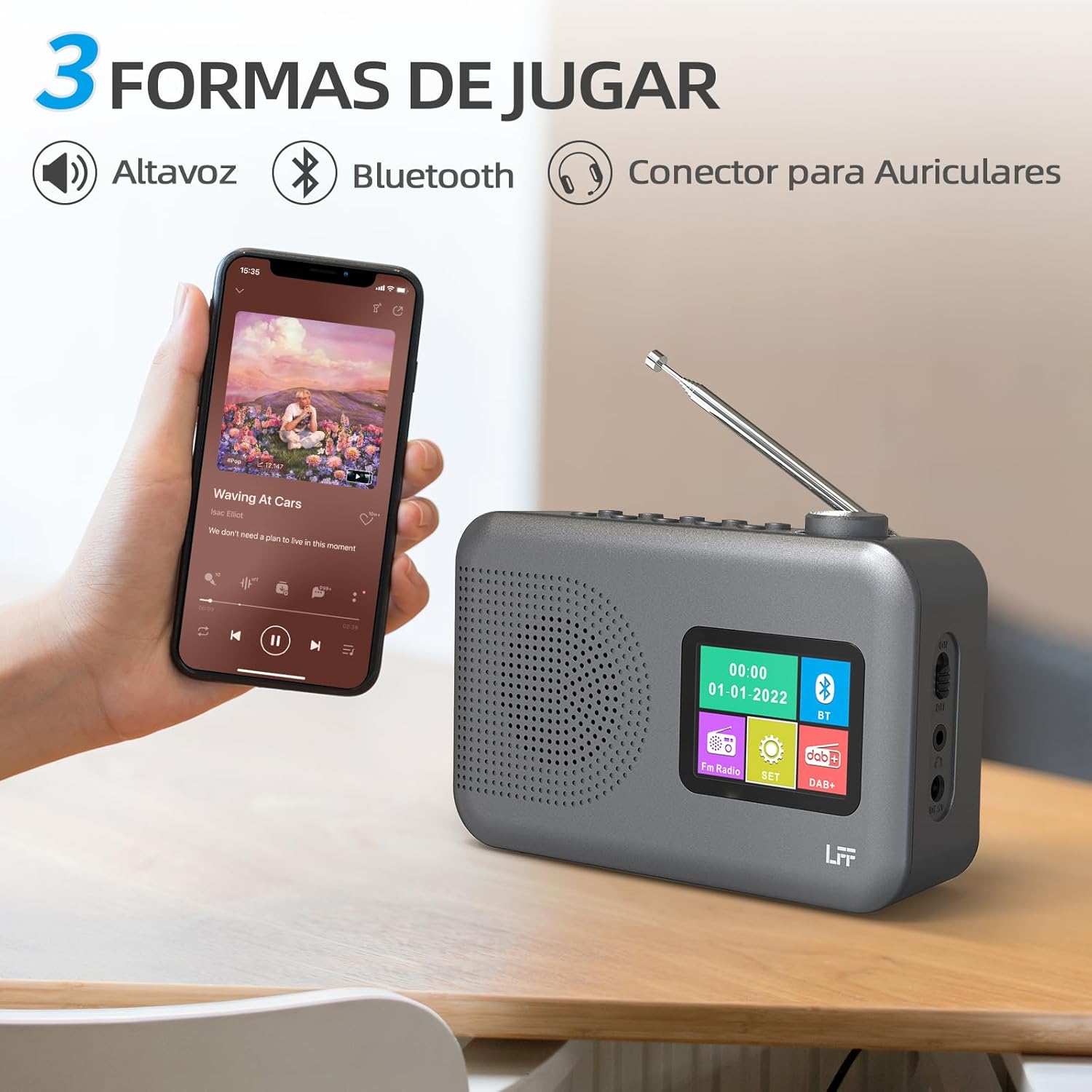 Image showing the LFF DAB/FM Digital Radio connected via Bluetooth to a smartphone, illustrating three ways to play audio: through the radio's speaker, via Bluetooth, or using headphones.