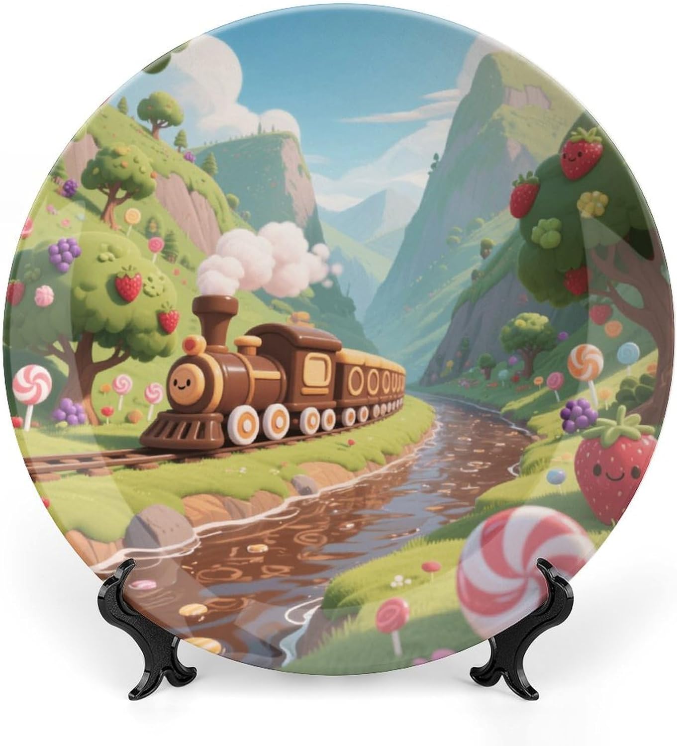 Bone China Decorative Plates Candy Train Valley Ceramic Decorative Plate Wall Decor with Display Stand Ceramic Ornaments for Wall Hanging Decoration