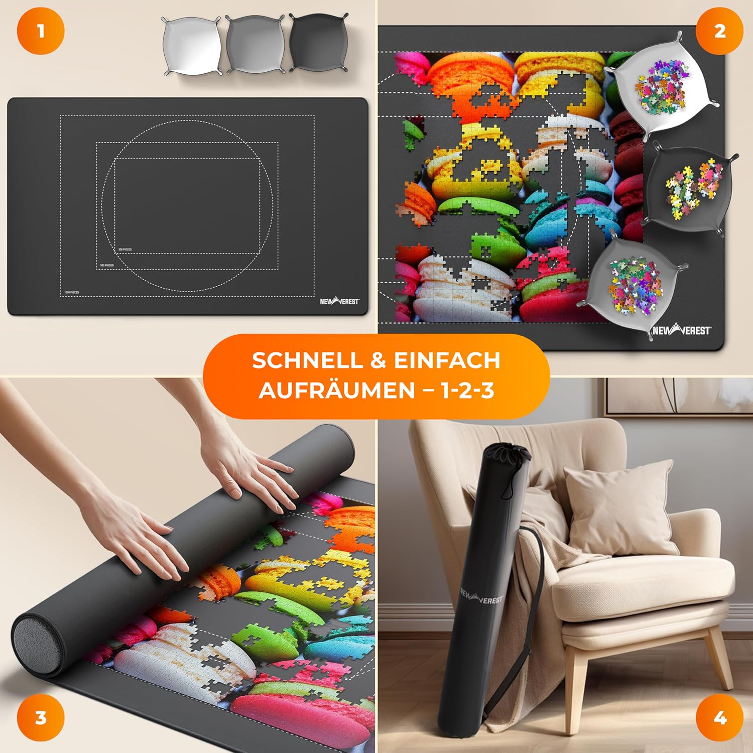 Newverest Puzzlematte zum Aufrollen 100 x 60 cm – Für bis zu 1000 Teile, rutschfeste Unterseite & Glatte Oberfläche + 3 Sortierschalen & Tragetasche für Reisen