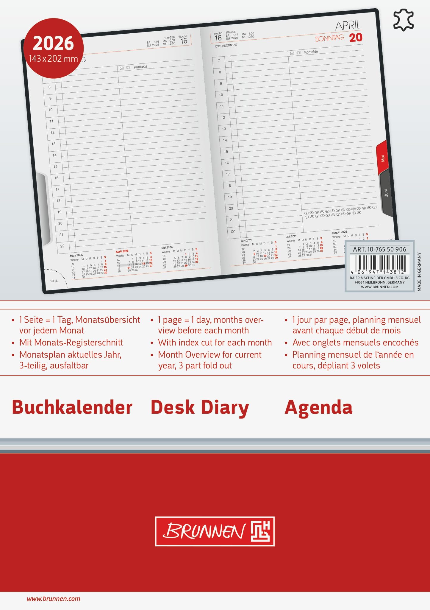 BRUNNEN Calendario a libro mod. 765 2026 | A5, pelle, nero
