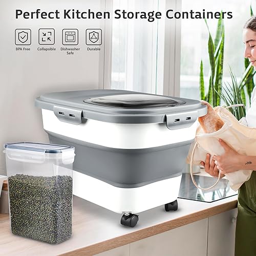 Miniatura 4 de Komzon Contenedores de almacenamiento de arroz, dispensador plegable de 10 a 30 libras de almacenamiento de alimentos con tapa transparente, ruedas