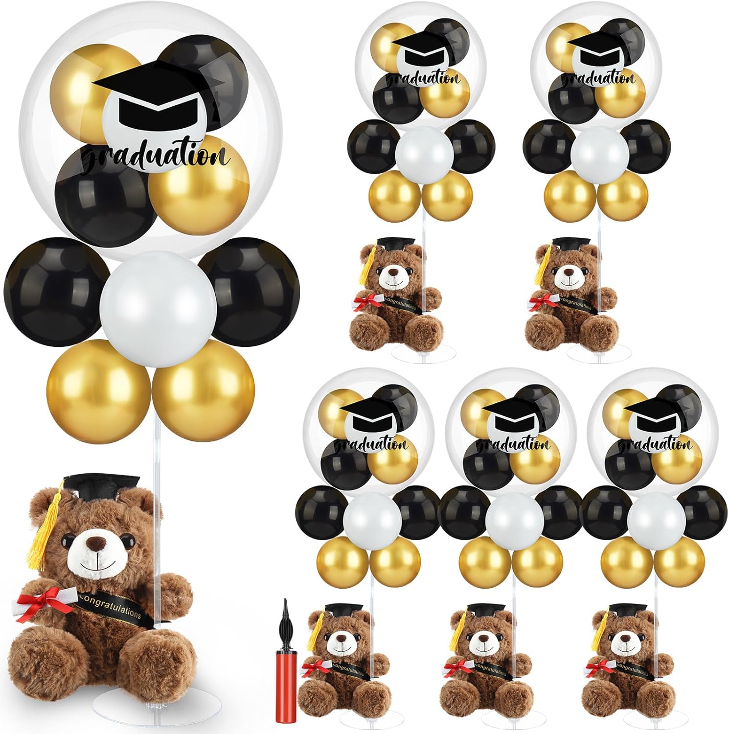 6 Set Graduation Balloon Table Centerpiece with Graduate Bear Base Graduation Party Balloon Set Stand Kit for 2025 Congrats Grad Party Decoration Supplies(Gold)