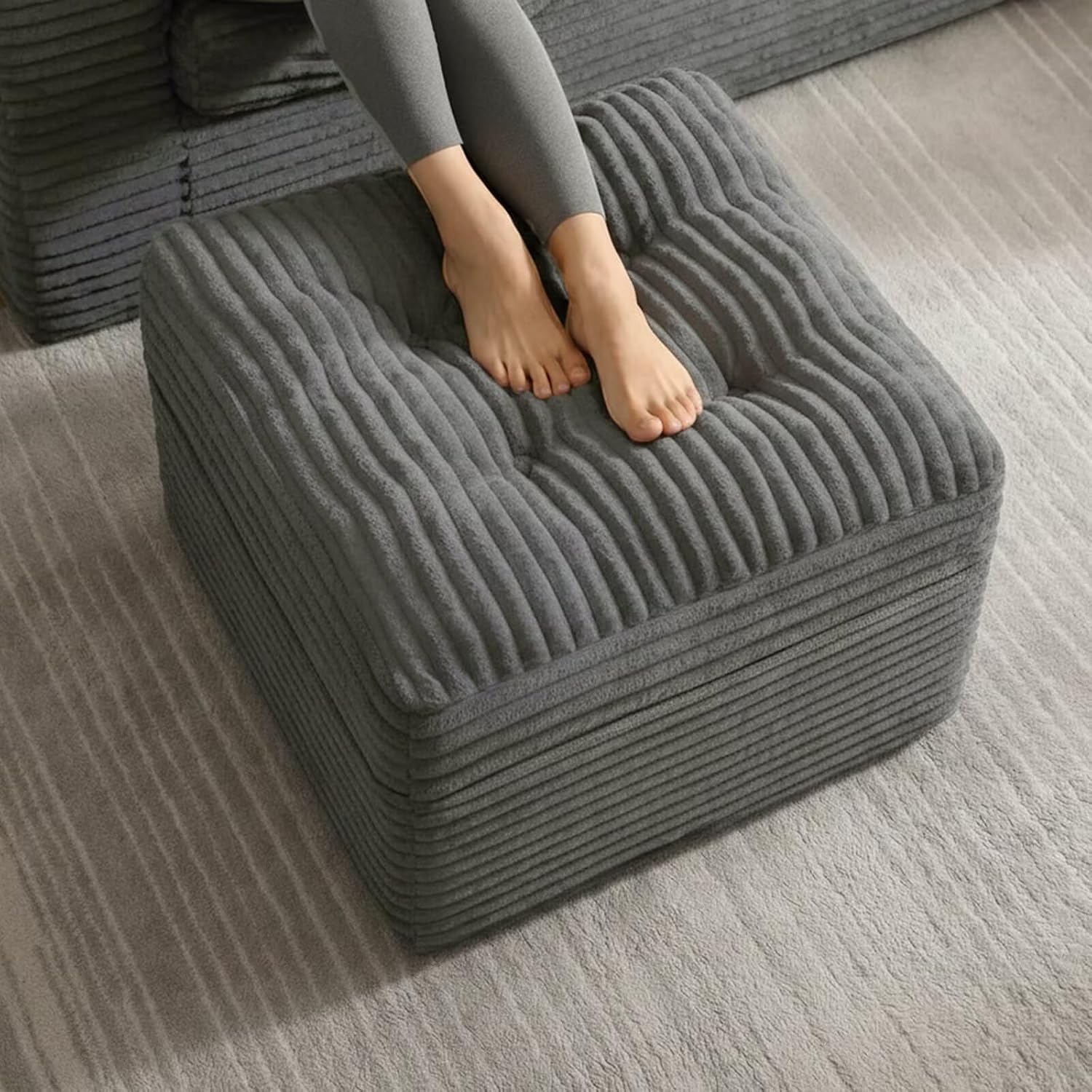 23.6in Pouf Ottoman, Corduroy Ottoman Foot Rest with Dual‑Layer Support, Large Poofy Pouf with Soft Chunk‑Foam Top & Firm Foam Base, Floor Foot Stool for Living Room, Dark Grey