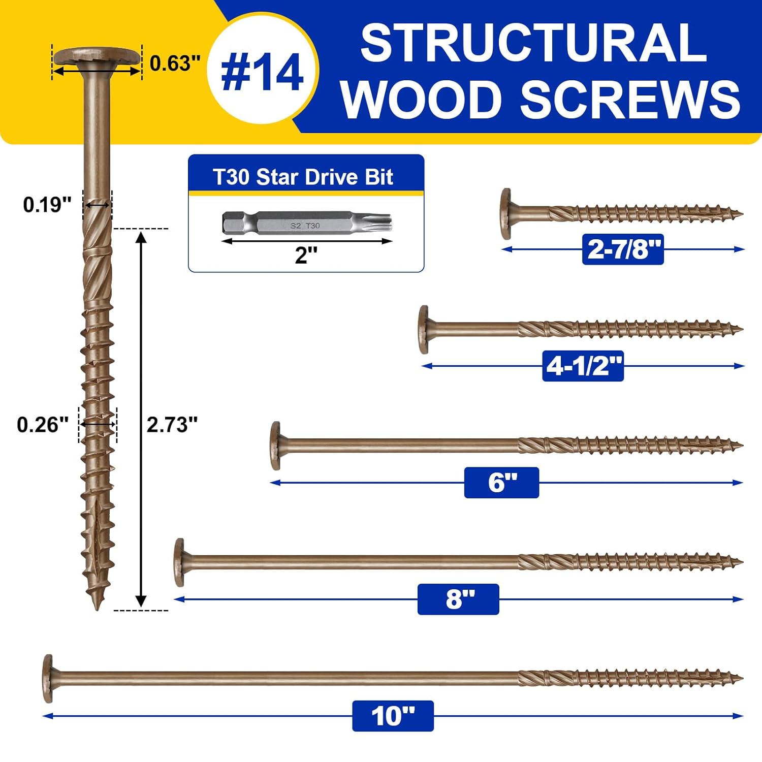 #14 x 4-1/2 Inch Wood Structural Lag Screws 250Pcs Star Drive Decking Wood Screws, Rust Resistant Timber Screws for Timber/Log/Landscaping (Brown)