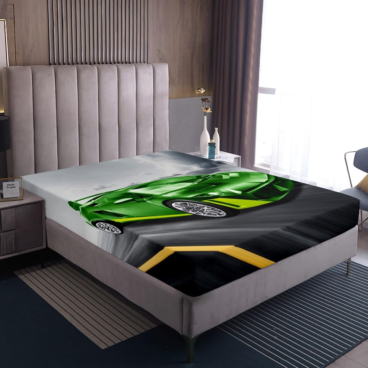 Erosebridal Race Car Toddler Sheet Set King, Green Racing Car Sheets Extreme Sports Theme Bed Sheet for Kids Boys Teens Adult Men, Speed Sports Car Top Sheet Racing Car Gifts for Kids