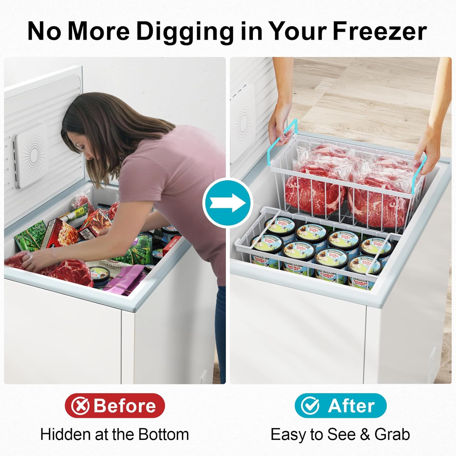 iSPECLE Freezer Organizer Bins, 4 Pack Deep Freezer Baskets for 5 to 7 Cu.Ft, Stackable Wire Chest Freezer Organizer Bins for Small Food, Strong Metal with Handles for Meat and Veggies, White 4-Pack White (1 Column)