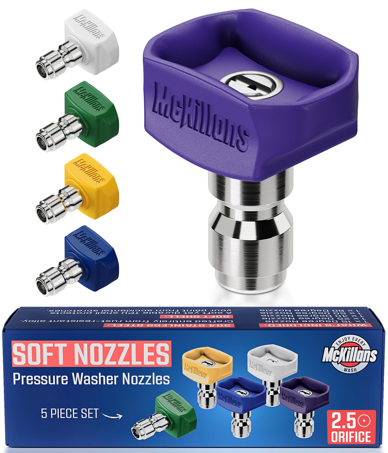 McKillans® 2026 Soft Pressure Washer Nozzle Tips - Fast Rinse - New Spray Angles 60° 50° 40° 25° 15° - Easy-Grip Design - 304 Stainless Steel - 1/4" Quick Connect - Power Washer Tips Set (2.5 Orifice)