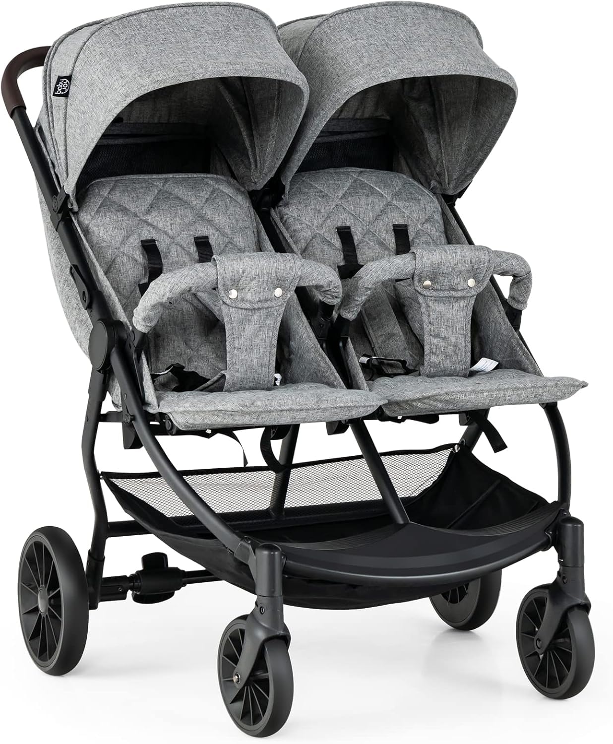 GOPLUS Carrito Bebe Gemelos, Cochecito Doble Plegable con Respaldo y Reposapiés Ajustables, Toldo, Cesta y Cinturón de Seguridad, Silla de Paseo Gemelar Carga 22 kg, Bebés de 0-3 Años (Gris Claro)