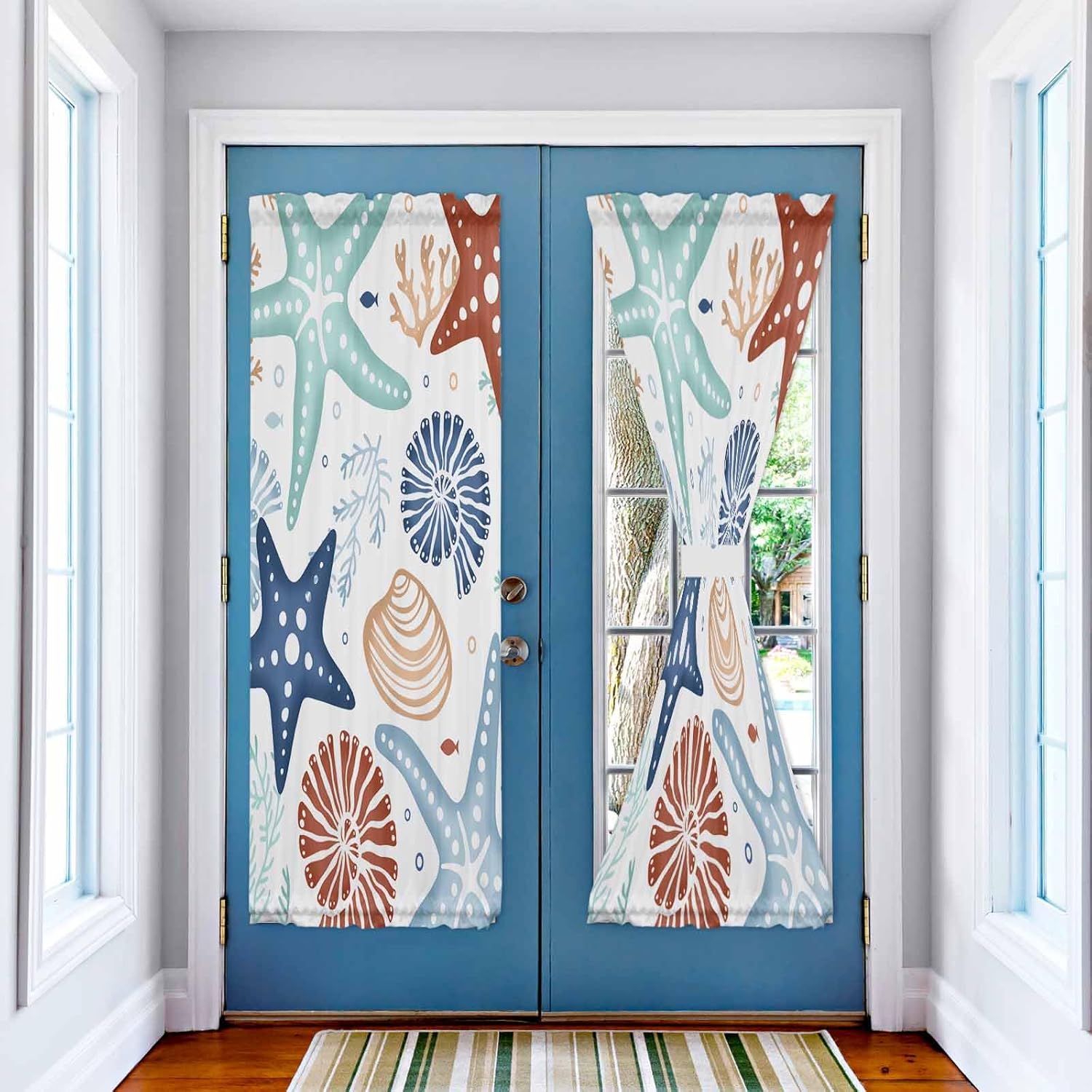 Starfish Navy Door Curtains for Door Window, French Sidelight Front Back Door Curtains with Tieback, Kitchen Rod Pocket Drapes Panel 54"x72" Teal Brown Blue Shell Ocean Coral Conch
