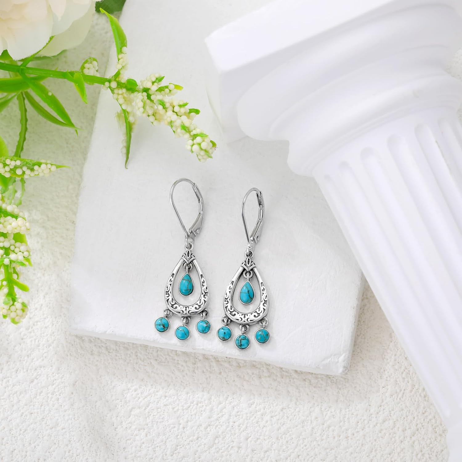 Turquoise Earrings 925 Sterling Silver Bohemian Style Turquoise Teardrop Dangle Earrings Tribal Ethnic Jewelry Gift for Women - Image 4