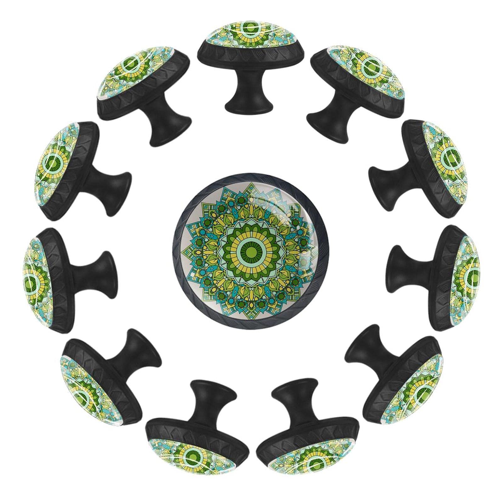 Boutons de tiroir en mandala floral vert 35 mm lot de 12 poignées décoratives haut de gamme