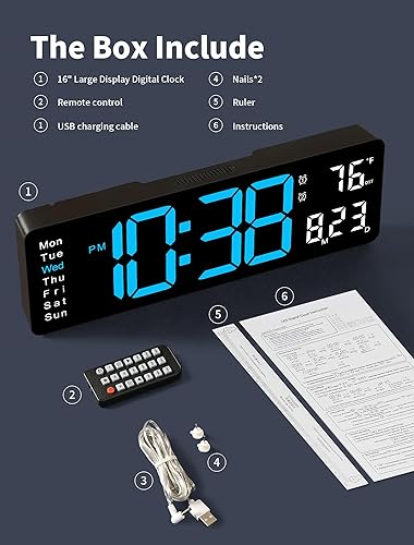Miniatura 7 de MASHI Reloj de pared digital, reloj digital de pantalla grande de 16 pulgadas con control remoto, reloj de pared con atenuación automática con luz