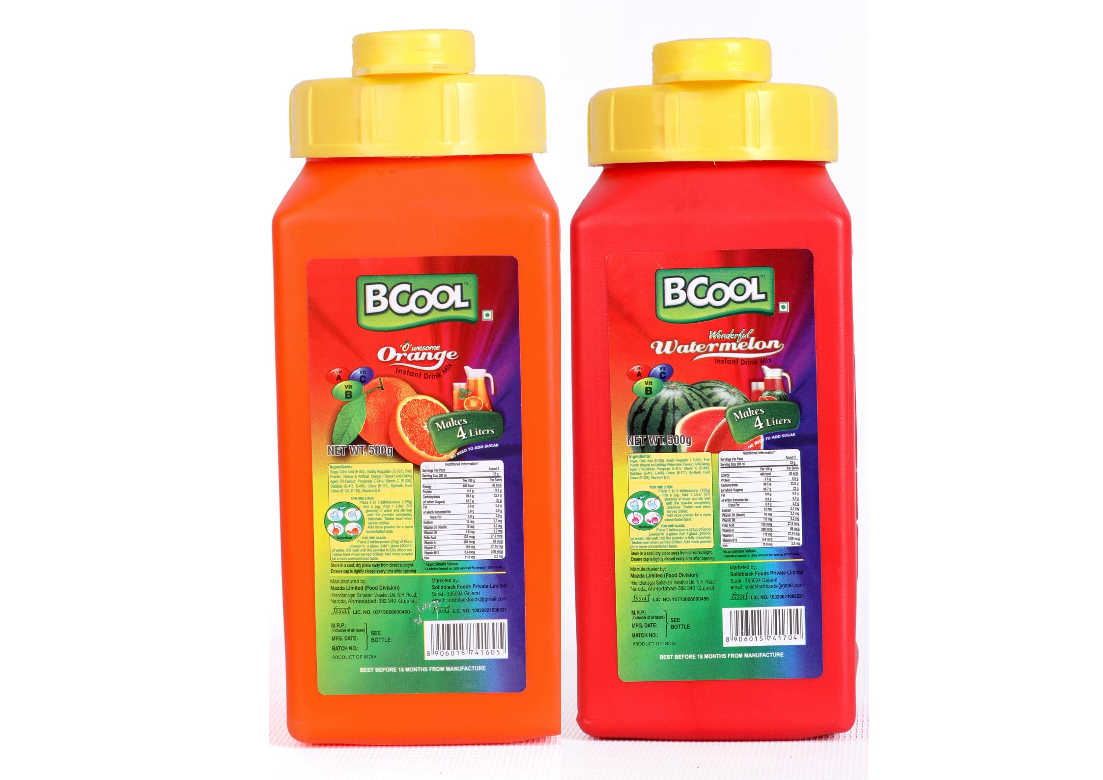 Bcool Orange & Watermelon Instant Drink Mix 500g for All Age Groups(Pack of 2)