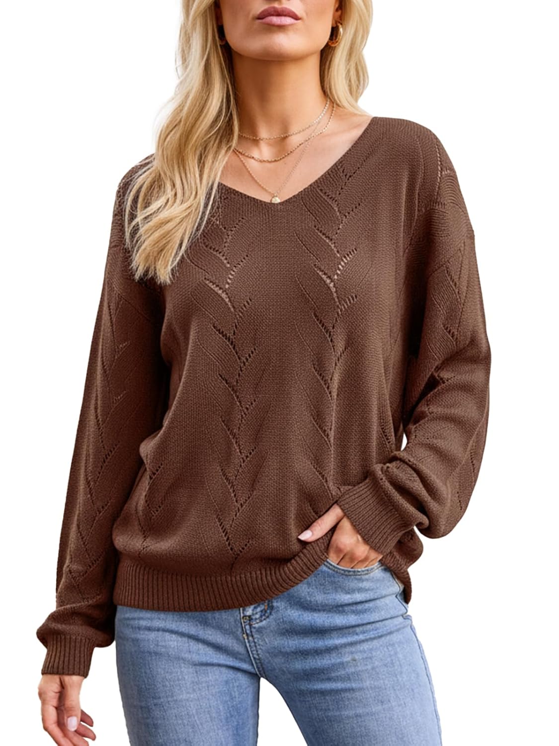 CUPSHE Womens Sweater V Neck Long Sleeve Hollow Cable Knit Pullover Tops