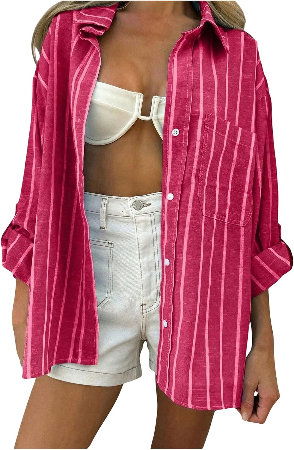 Verdusa Women's Striped Button Down Blouse Oversized Shirts Long Sleeve Tops Summer Vacation Outfits