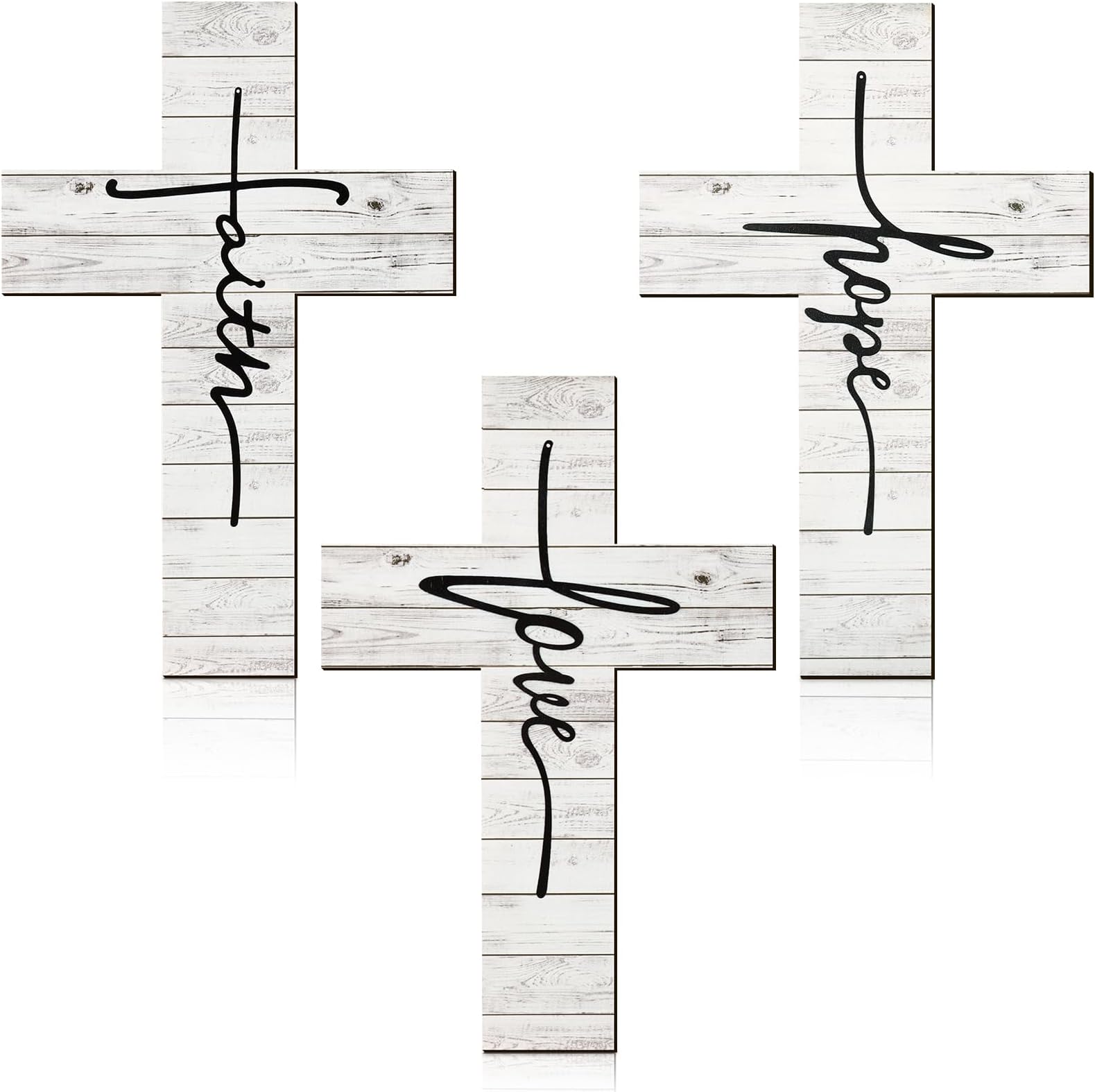 Jetec 3 Pieces Faith Love Hope Cross Sign Wood Wall Hanging Rustic Cross Decor Vintage Religious Love Wall Art Decor Farmhouse Home Hanging Decorations, 12 x 8 Inch(White)