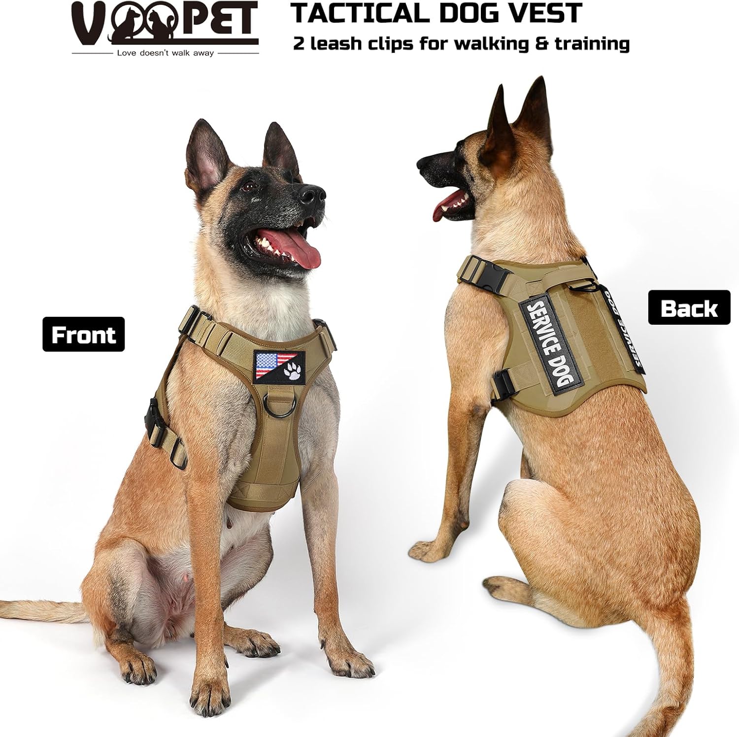 voopet Tactical Dog Harness - Military Emotional Support Service Dog Vest with Handle & Molle for Medium Large Dogs, Easy Control No Pull ESA Dog Vest with 6 Tags for Working Training